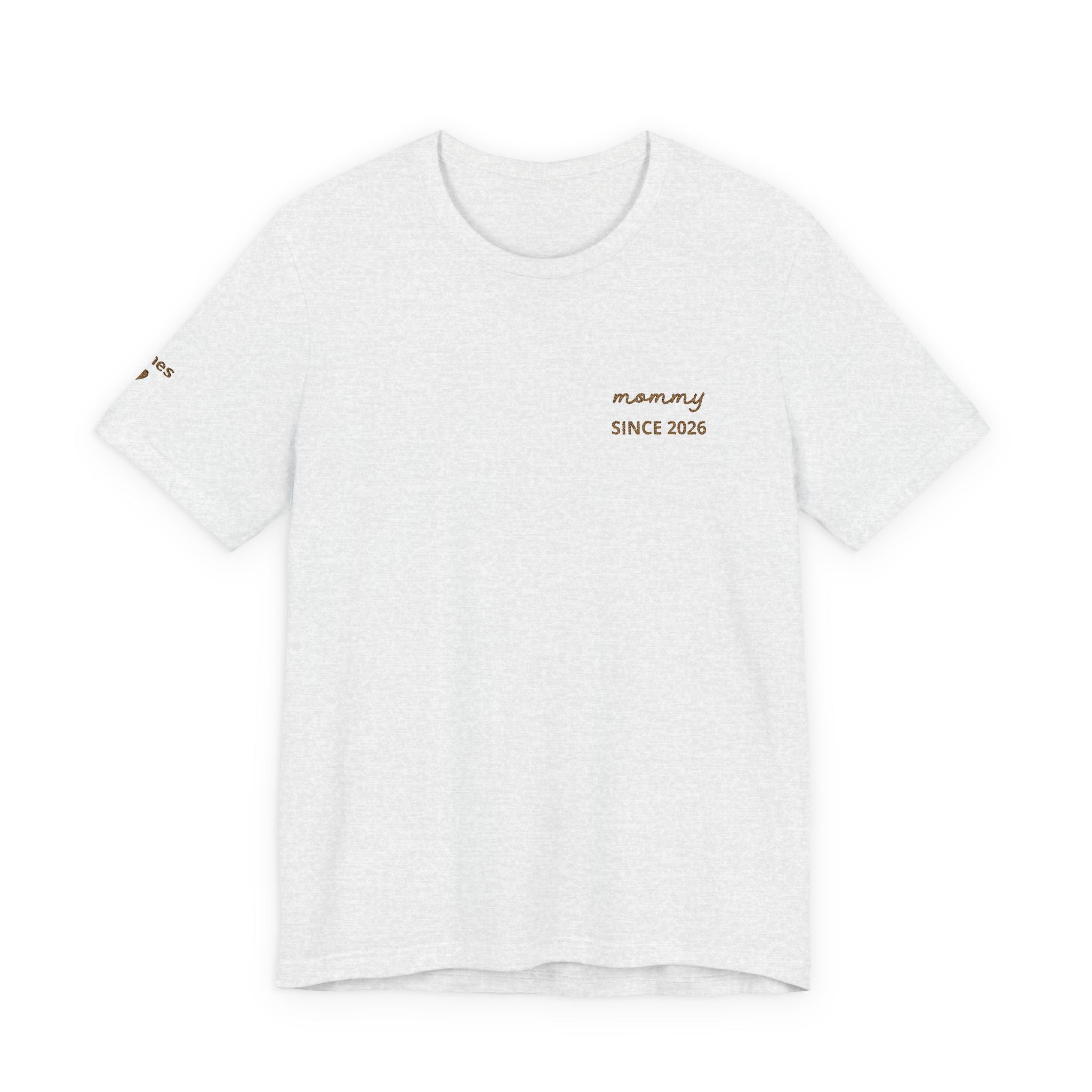 Tshirt Personalized “Mom Est” Embroidered Heart & Sleeve Tee