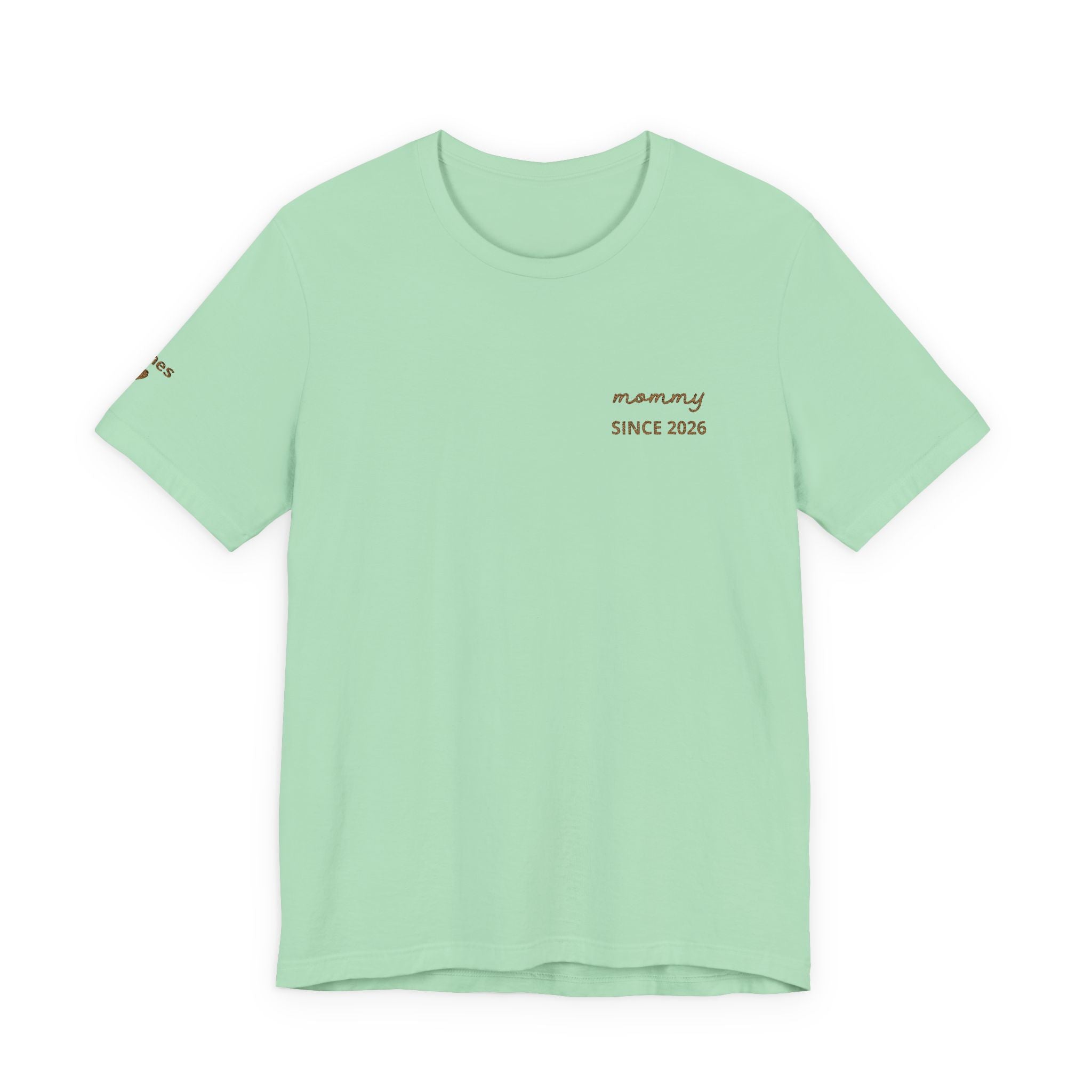 Tshirt Personalized “Mom Est” Embroidered Heart & Sleeve Tee