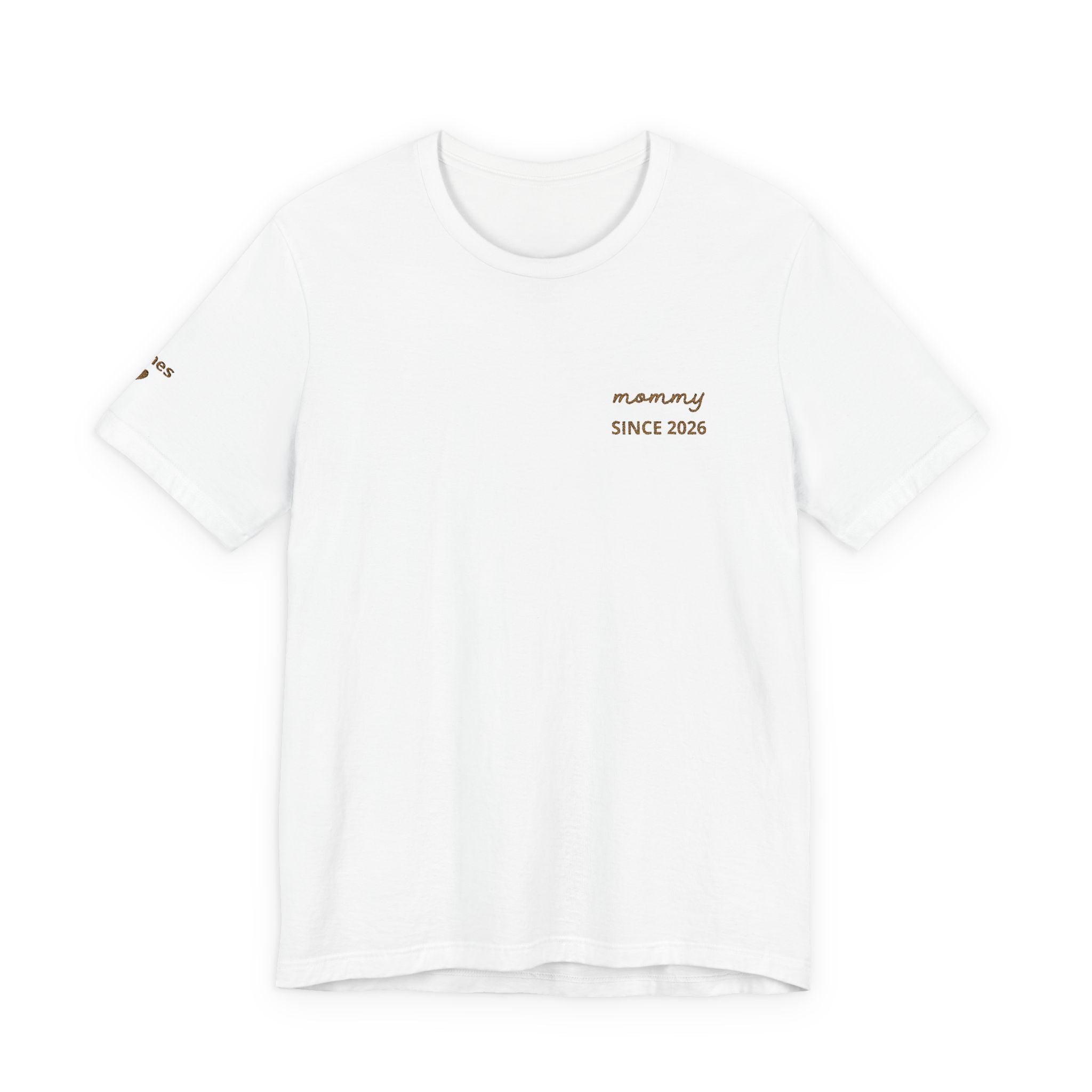 Tshirt Personalized “Mom Est” Embroidered Heart & Sleeve Tee