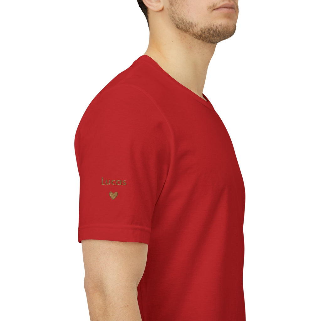 T-shirt Dad since date embroidered on heart and first names on sleeve
