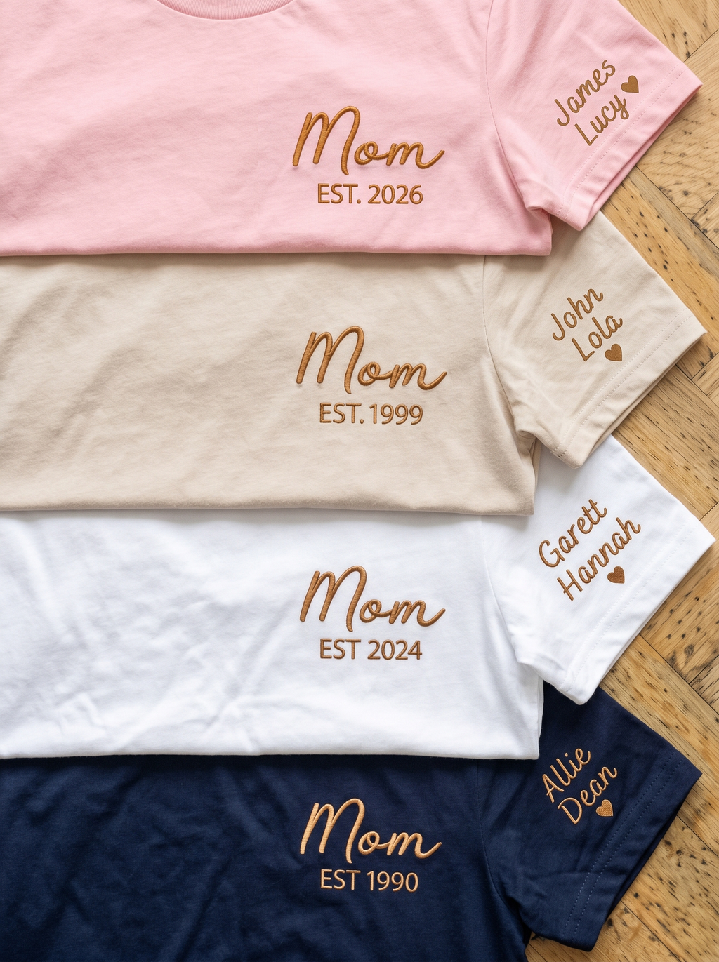 Tshirt Personalized “Mom Est” Embroidered Heart & Sleeve Tee